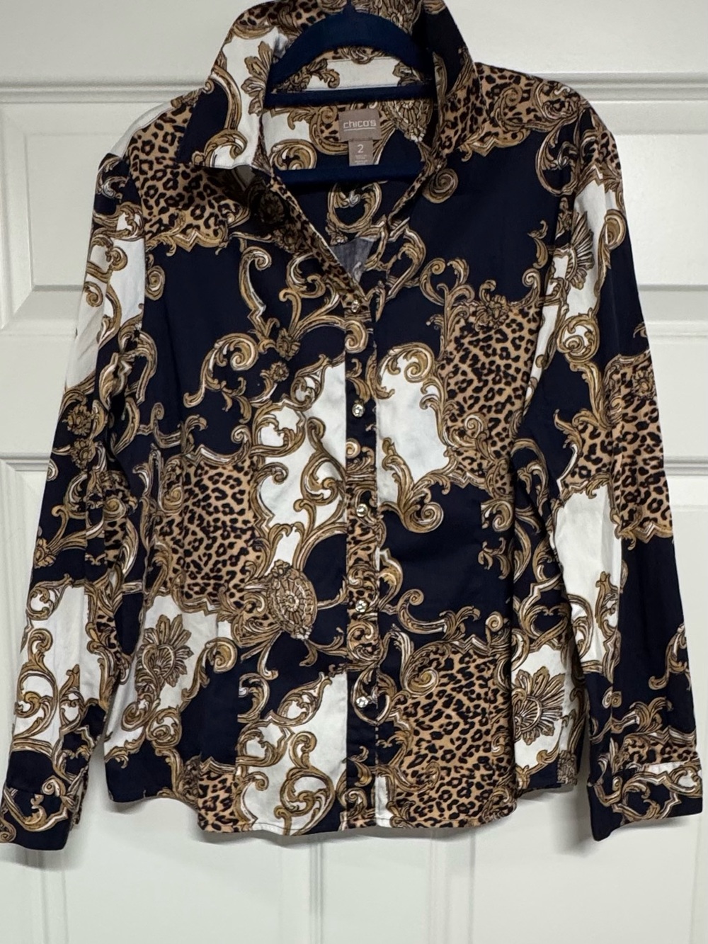 Chico's Women's Baroque Leopard Print Button-Up Shirt Navy Gold White 2 L